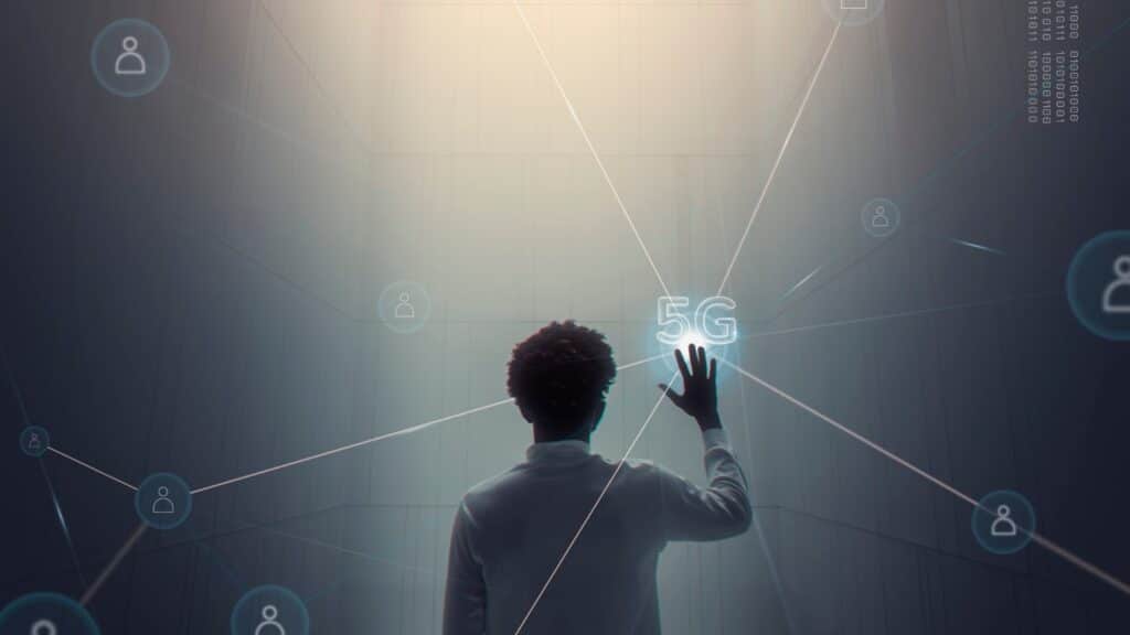 5g connection technology background with man using futuristic virtual screen digital remix