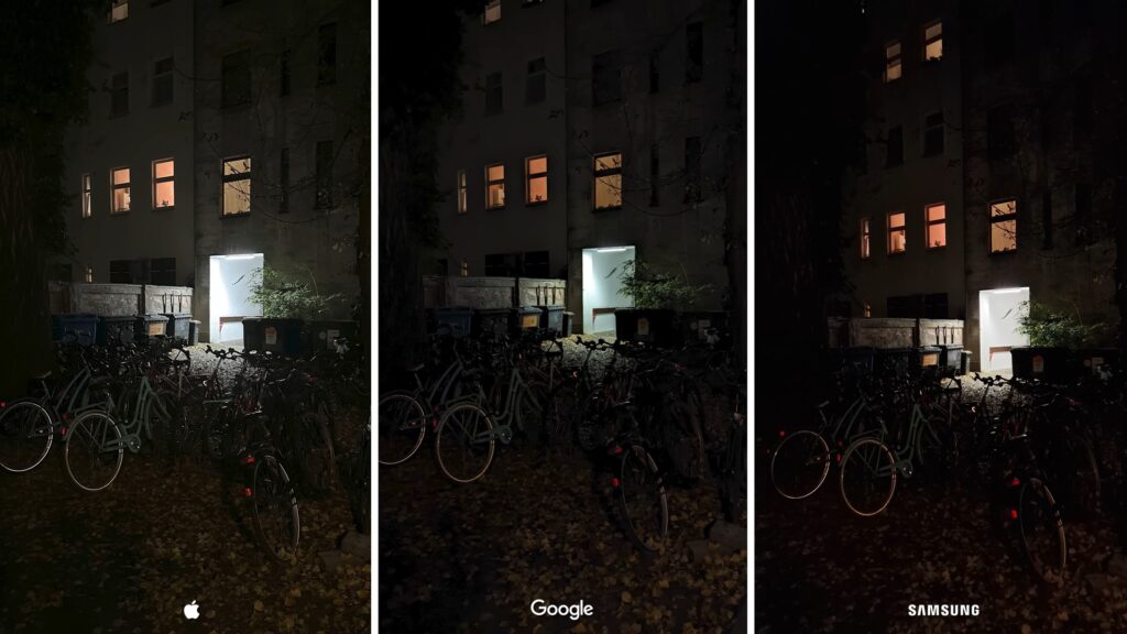 Night mode image comparison of Google Pixel, iPhone, and Samsung Galaxy