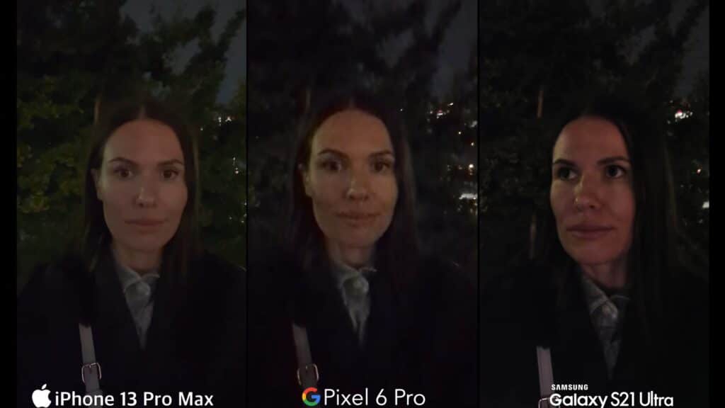 Night ideo mode comparison of Google Pixel, iPhone, and Samsung Galaxy