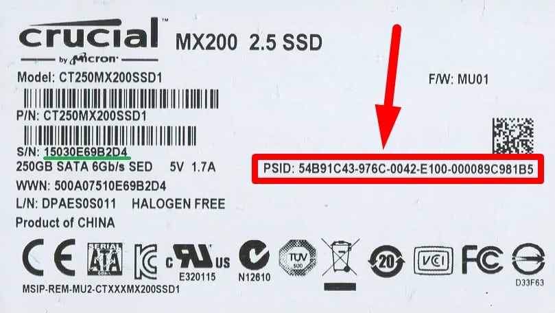 photo showing where SSD PSID is