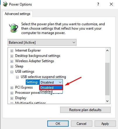 changing USB selective suspend setting